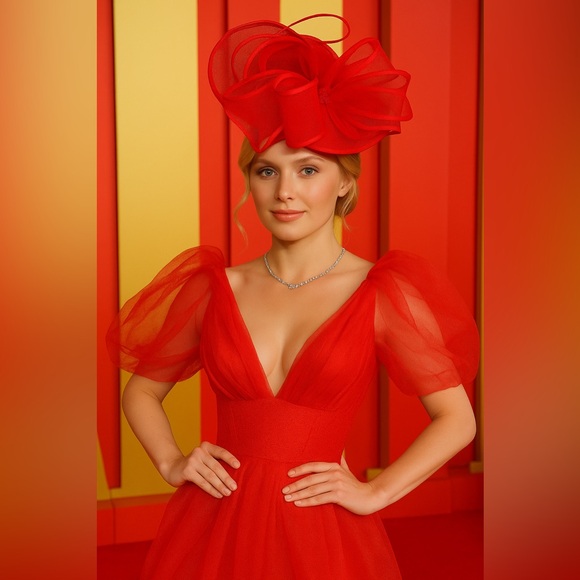 Kentucky Derby Hat Fascinator Statement Headwear Red Hat w Bow Organza